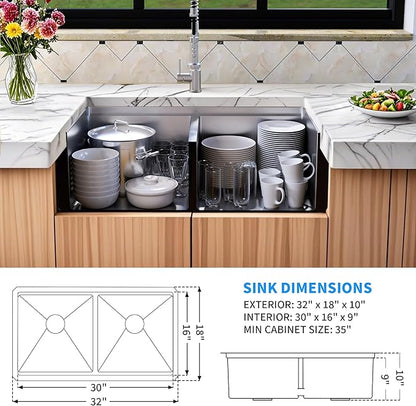 32 Inch Sink Undermount Double Bowl, 16 Gauge 50/50 Double Bowl Stainless Steel Workstation Sink, 32"x18"x10" Large and Deep Kitchen Sink With Accessories