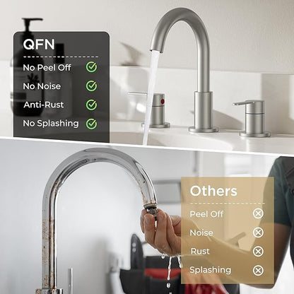 QFN Bathroom Faucets 3 Hole Brushed Nickel, 8 Inch Widespread Vanity Sink Faucet with Aerator, 2 Handle 360° Swivel High Arc Spout, Spot-Free Finish, cUPC NSF Certified and CEC & DOE Compliant