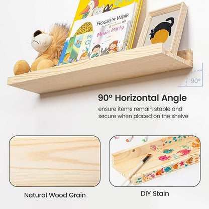Picture Ledge Shelf for Wall, 16 inch Solid Pine Wood Nursery Book Shelves 2 Packs, Floating Ledge Shelves for Kids' Room Bedroom Bathroom Living Room Photo Frames Office Nursey Wall Decor, Natural