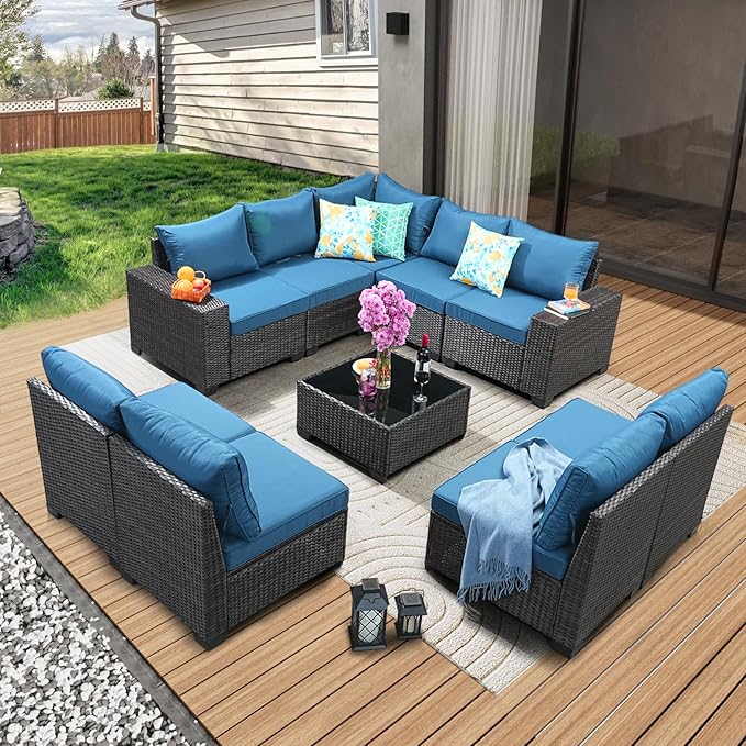 JOYURE 10 Pieces Patio Furniture Set All-Weather Outdoor Wicker Sectional Conversation Sofa Rattan Patio Seating Sofa with Cushion and Glass Table for Porch Poolside,Peacock Blue