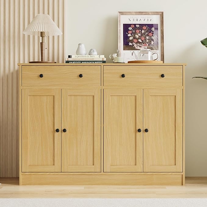 holzart 49" Oak Buffet Cabinet with Doors & Drawers, Modern Kitchen Storage Sideboard, Coffee Bar Console Table for Dining Room, Living Room, Entryway