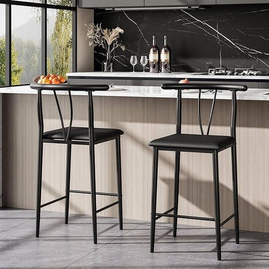 IDEALHOUSE 25.2" Bar Stools Set of 2 with Wide PU Upholstered Seat, Counter Height Bar Stools Set with Footrest & Curved Back, Metal Barstools Set for Kitchen Islands, Counter Bars, Black