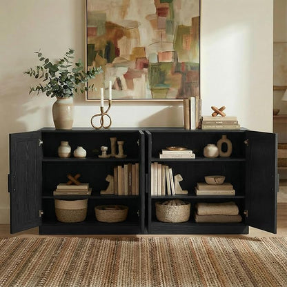 Casaphoria Adam Sideboard Buffet Cabinet with Storage, Sideboard Cabinet with Rattan Doors & Adjustable Shelves, 62" W x 31" H Coffee Bar for Entryway Kitchen Living Room, Black