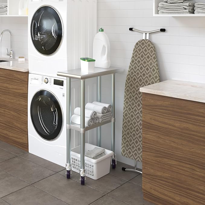 Stainless Steel Work Table with Wheels | NSF Kitchen Island Food Prep | Laundry Garage Utility Bench (Table + Wheels, 12" Long x 24" Deep)