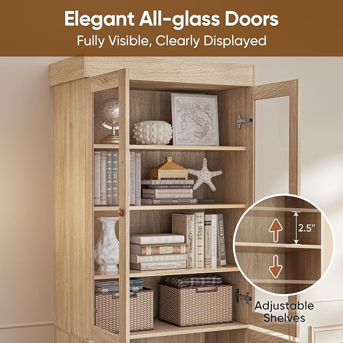 ivaniti 71" Tall Farmhouse Kitchen Pantry, Large Storage Cabinet with Glass Doors, Adjustable Shelves, 3 Drawer, Wood Versatile Hutch Cabinet for Dining Room, Living Room, Brown 2 PCS