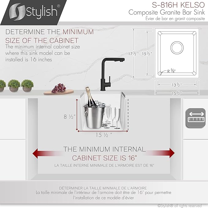 Stylish 15.5 x 17.5 Inch Composite Granite Kitchen or Bar Sink, Single Bowl Under Mount & Drop in, 8.5 in Deep, Rear-Center Drain, with Strainer, White, S-816H
