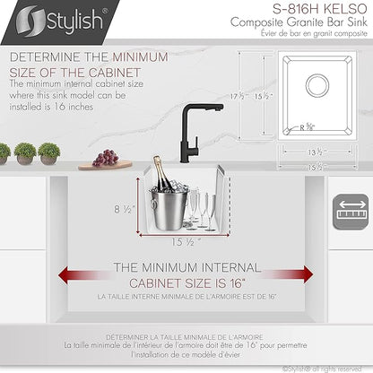 Stylish 15.5 x 17.5 Inch Composite Granite Kitchen or Bar Sink, Single Bowl Under Mount & Drop in, 8.5 in Deep, Rear-Center Drain, with Strainer, White, S-816H
