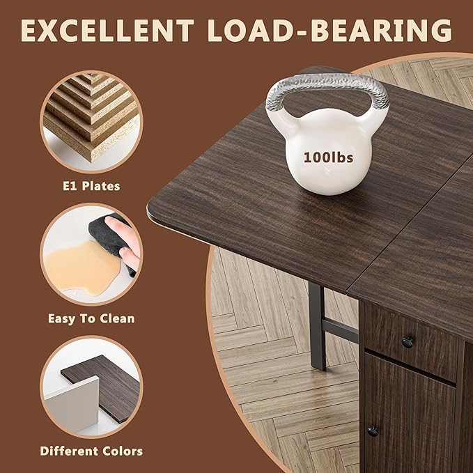 No Assembly Required Foldable Dining Table, Space Saving Extendable Kitchen Island with Drop Leaves for 2-6 People, Collapsible Craft Table with Movable Swivel Wheels for Small Spaces, Walnut