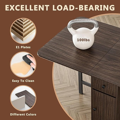 No Assembly Required Foldable Dining Table, Space Saving Extendable Kitchen Island with Drop Leaves for 2-6 People, Collapsible Craft Table with Movable Swivel Wheels for Small Spaces, Walnut