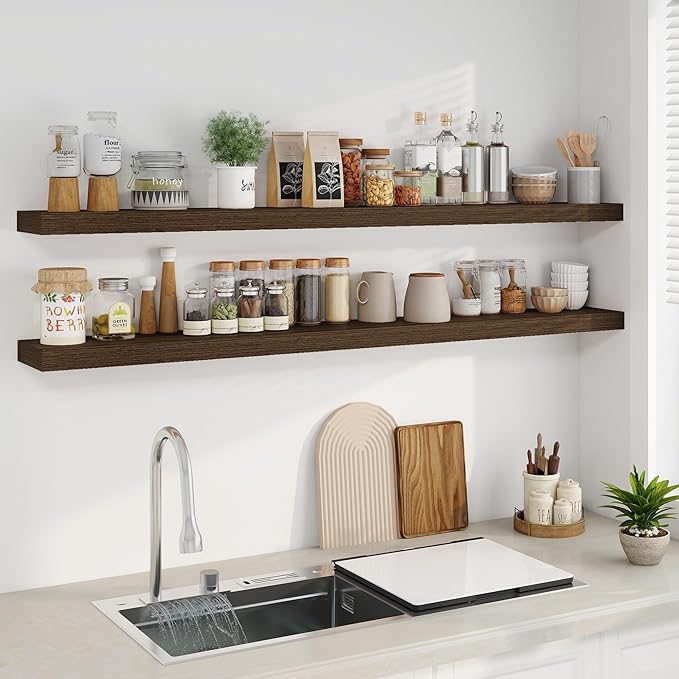 Fun Memories 66 Inch Fireplace Mantel - Long Floating Shelf, Wall Mounted Farmhouse Display with Invisible Heavy Duty Metal Bracket, Walnut, 2 Pack