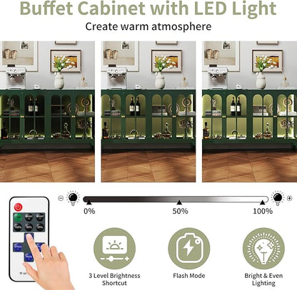 Foreate Green Sideboard Buffet Cabinet with Glass Door & LED Light, 53.2" Large Buffet Cabinet with Storage & Adjustable Shelf, Farmhouse Sideboard Credenzas Metal Kitchen Buffet