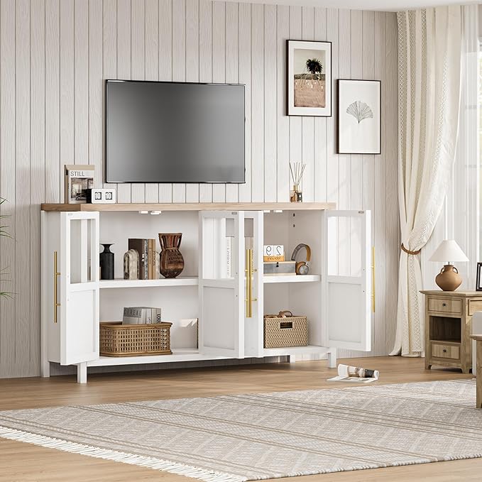 Garvee Large Buffet Cabinet with Storage, Sideboard Buffet Cabinet with Glass Doors, Modern Farmhouse Storage Cabinet Table for Kitchen Dining Room, Living Room (White, Glass with 4 Doors)
