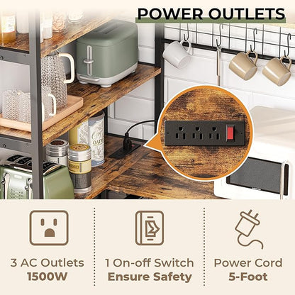 IRONCK Corner Bakers Rack with Power Outlet, Coffee Bar 6 Tier with Storage Cabinet, Vintage Industrial Microwave Stand with 6 Hooks, Kitchen Shelves with Wire Basket, Rustic Brown