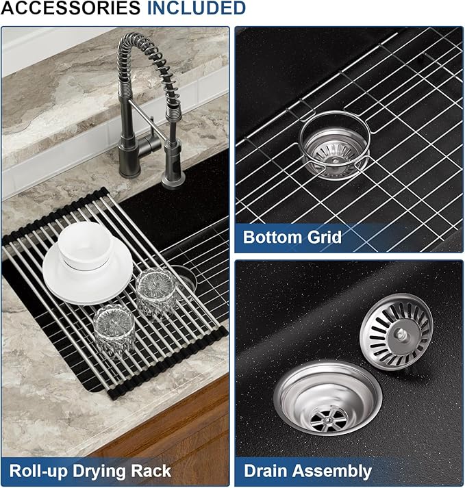 Mocoloo 33 Inch Granite Composite Kitchen Sink - 33 x 19 inch Black Undermount Kitchen Sinks, Matte Black Quartz Single Bowl Under Counter Sink
