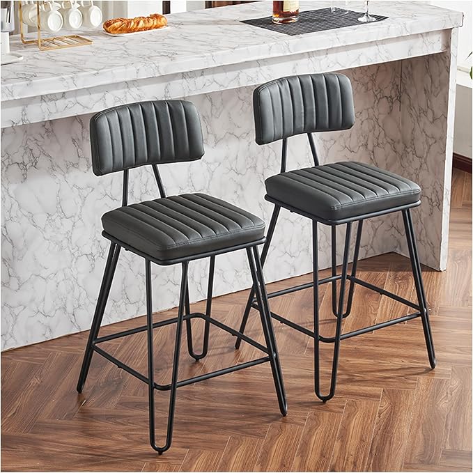Industrial Bar Stools Set of 2, Counter Height Chairs - PU Leather & Metal Frame, Vintage Style for Kitchen Island, Dining Room, Grey