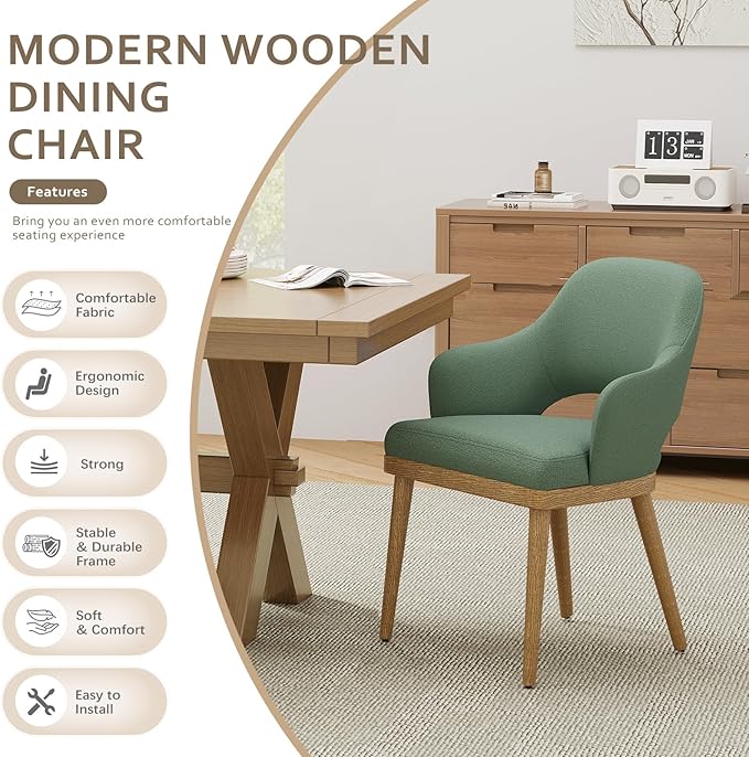 MALOL Wooden Dining Chairs Set of 4, Modern Fabric Upholstered Dining Room Chair, Kitchen Side Chairs, Farmhouse Dinner Chair with Open Back for Kitchen, Green