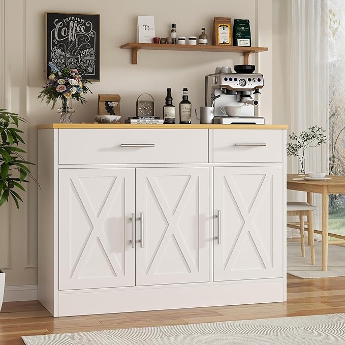 Vongrasig 43” Sideboard Buffet Cabinet with Storage, Farmhouse Coffee Bar with Drawers and Shelves, Wood Buffet Table for Kitchen, Dining Room, White