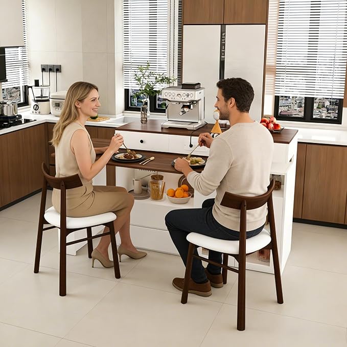 Kitchen Island Set with 2 Solid Wood Chairs, Extendable Rotating Table,with Walnut Veneer Retro Design, 4 Drawers Glass Door Cabinets, Expandable Dining Station for 2 4 Person KT175