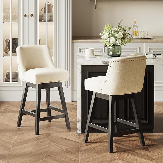 MALOL Swivel Bar Stools Set of 2, 27" Counter Height Kitchen Stools with Padded Seats and Solid Wood Legs, Upholstered Barstools for Kitchen Island, Breakfast Nook (Beige)