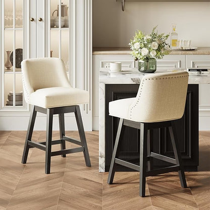 MALOL Swivel Bar Stools Set of 2, 27" Counter Height Kitchen Stools with Padded Seats and Solid Wood Legs, Upholstered Barstools for Kitchen Island, Breakfast Nook (Beige)