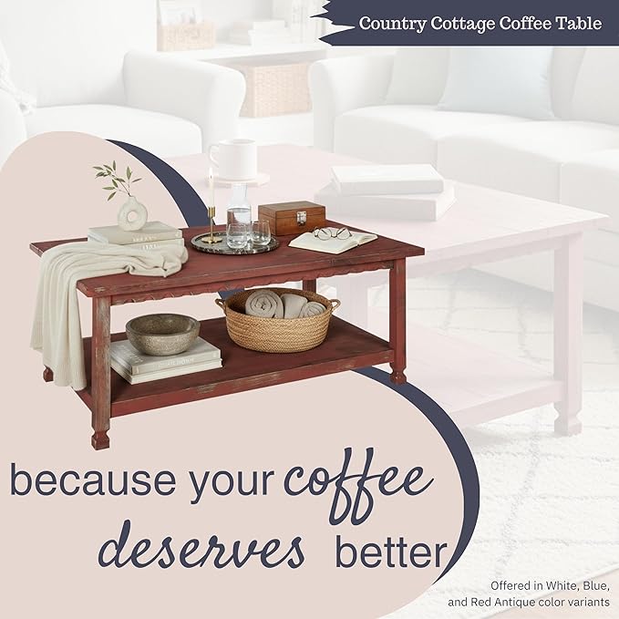 Rustic Rectangluar Coffee Table w/ 1 Shelf, Red Antique, Distressed Finish, Farmhouse Style, Accent Home Decor Living Room Furniture, Hardwoods (Pine/Acacia), Durable, 42 in. W x 24 in. D x 18 in. H