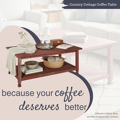 Rustic Rectangluar Coffee Table w/ 1 Shelf, Red Antique, Distressed Finish, Farmhouse Style, Accent Home Decor Living Room Furniture, Hardwoods (Pine/Acacia), Durable, 42 in. W x 24 in. D x 18 in. H