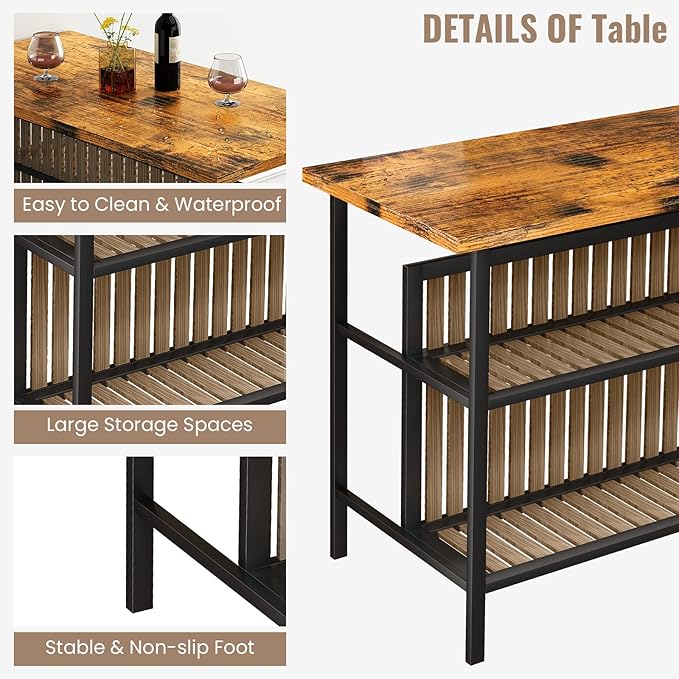 AWQM Kitchen Island with Seating & Storage Shelf, Wooden Island Table for Kitchen, Modern Bar Table and Chairs Set for 2,Dining Table Set for Small Space,Walnut