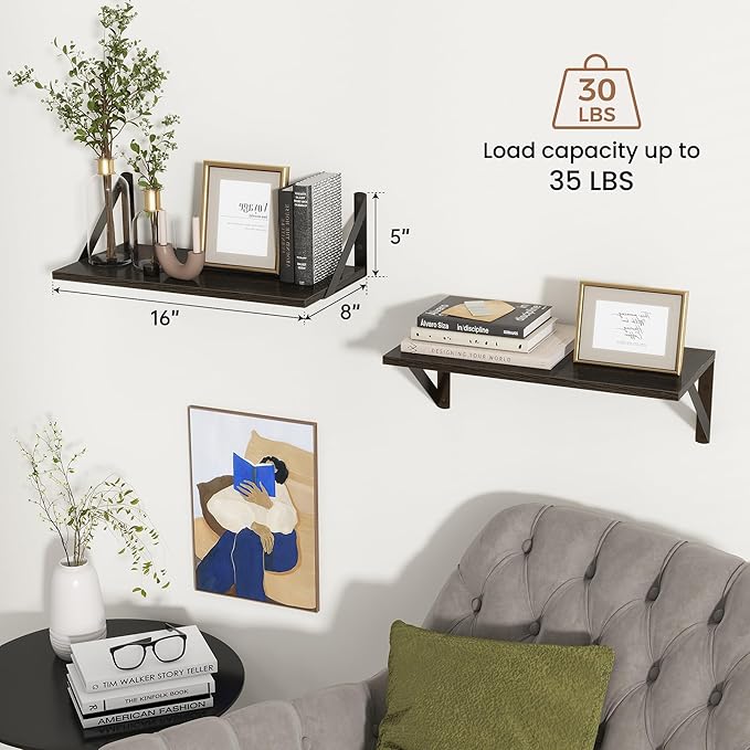 Axeman Floating Shelves for Wall, 16''W x 8''D Black Floating Shelves Set of 2, 8 Inch Deep Wall Shelves for Bookshelf Living Room Bedroom Home Office Bathroom
