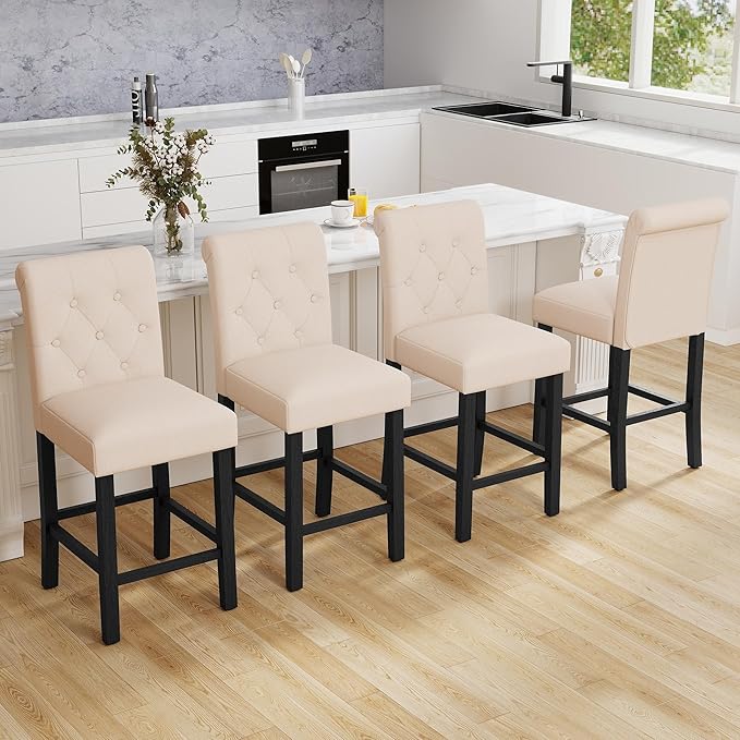 LSSBOUGHT Counter Stools,24 inches Upholstered Counter Height Chairs with Button-Tufted and Solid Wood Legs Set of 2（Beige）