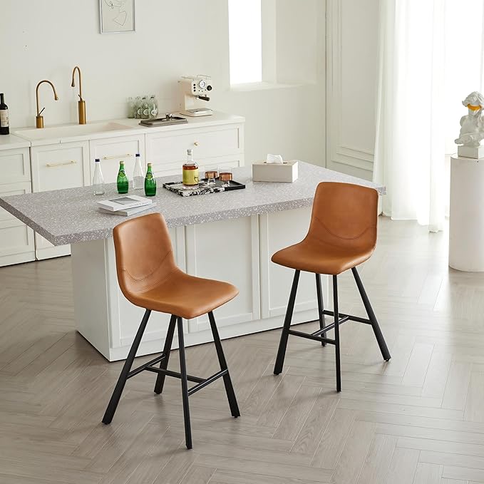 26" Counter Height Bar Stools Set of 2,Faux Leather Barstools with Ergonomic Backrest & Footrest, Sturdy Black Metal Frame PU Bar Chairs for Kitchen Island, Home Bar, Restaurant (Cognac)