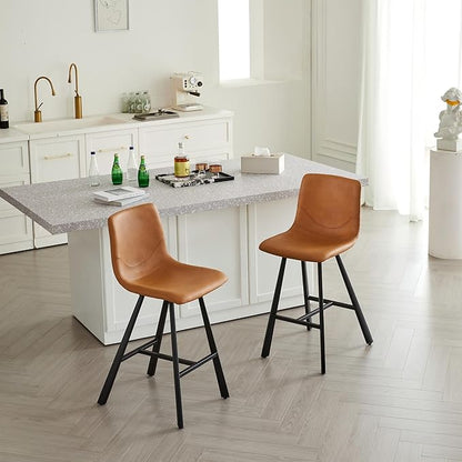 26" Counter Height Bar Stools Set of 2,Faux Leather Barstools with Ergonomic Backrest & Footrest, Sturdy Black Metal Frame PU Bar Chairs for Kitchen Island, Home Bar, Restaurant (Cognac)