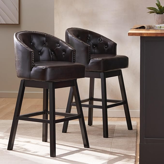 Set of 2 Brown Bar Stools with 360-Degree Swivel, Nailhead Trim & Button-Tufted PU Fabric, Rubberwood Frame for Kitchen Island, Home Bar, and Living Area