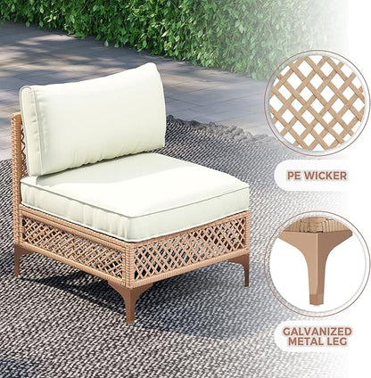 Outdoor Patio Furniture Set, Wicker Outdoor Sectional Set, Boho Patio Conversation Sectional Sofa with Large Tempered Glass Coffee Table and Waterproof Cushion (Large Size 5-Piece Patio Furniture)