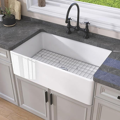 GETPRO White Farmhouse Kitchen Sink 30 inch Fireclay Apron Front Farm Sink Undermount Single Bowl Reversible Farmer House Style Kitchen Basin with Modern Accessories
