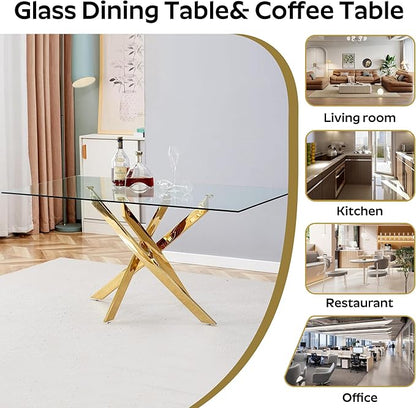 63" Glass Dining Table for 4-6, Contemporary Rectangular Dining Room Table with Tempered Glass Top & Gold Finish Stainless Steel Legs, Modern Large Dining Table for Home Kitchen