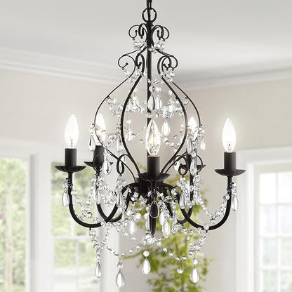 JONATHAN Y 17" Black 5-Light Crystal and Metal Chandelier, Traditional Cascading Beads, Adjustable Chain for Dining Room Entryway, UL Listed, LED Bulbs Included JYL9016A