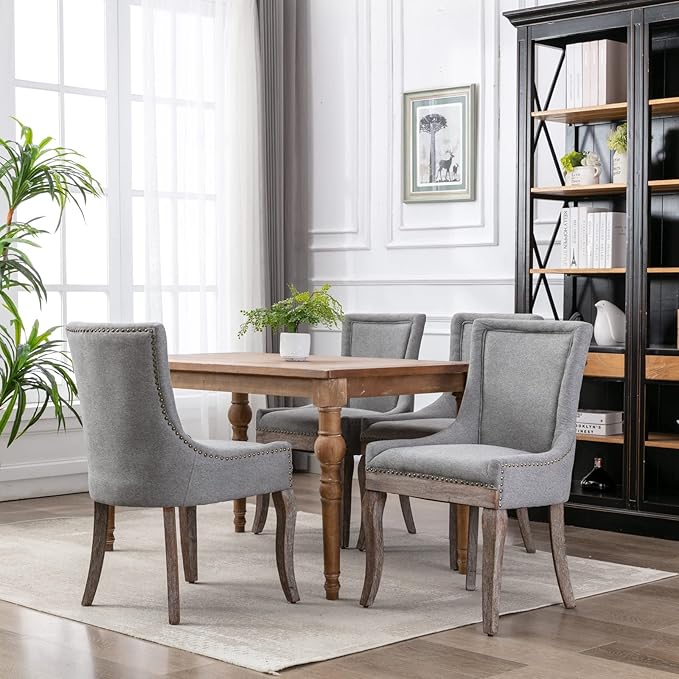 Set of 2 Dining Chair, Bar Chairs, Kitchen Island Chairs, Thickened Fabric Chairs with Neutral Toned Solid Wood Legs, Bronze Nail Head Decor, Sturdy Structure, for Living Room Dining Room, Gray