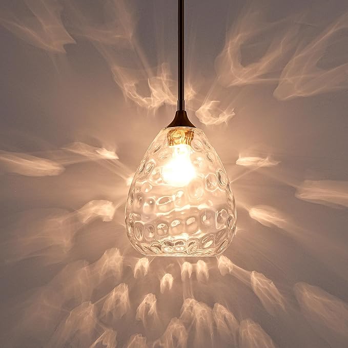 Transparent Clear Hammered Glass Pendant Light with Brass Gold Accent, Adjustable Hanging Lamp for Kitchen, Dining Room, and Living Room