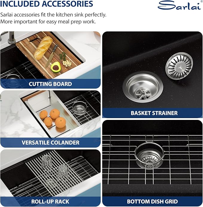 Sarlai 33 Granite Composite Kitchen Sink - 33 x 19 Inch Granite Undermount Kitchen Sink Ledge Workstation Under-Mount White Quartz Classic Single Bowl Sinks Under Counter Basin With Accessories