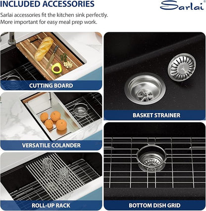 Sarlai 33 Granite Composite Kitchen Sink - 33 x 19 Inch Granite Undermount Kitchen Sink Ledge Workstation Under-Mount White Quartz Classic Single Bowl Sinks Under Counter Basin With Accessories