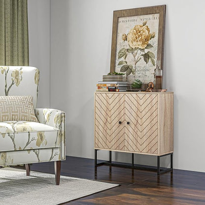 HOMCOM Modern Sideboard, Buffet Cabinet with 2 Chevron Doors and Adjustable Shelf, Kitchen Storage Cabinet with Steel Base, Coffee Bar Cabinet, 31.5" H, Oak