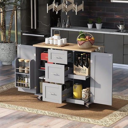 Rolling Kitchen Island with Storage, Kitchen Cart with Rubber Wood Top,3 Drawer,2 Slide-Out Shelf and Internal Storage Rack, Kitchen Island on Wheels with Spice Rack & Tower Rack (Grey-Blue~09)