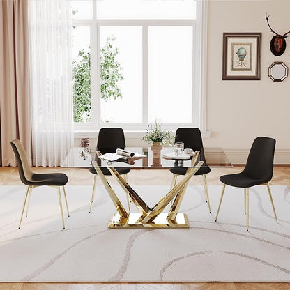 Luxury Gold Glass Dining Table for 4-6 Modern 63-Inch Rectangular Kitchen & Dining Room Table with Double V-Shape Stainless Steel Base Large Clear Glass Top Dining Table for Home Office