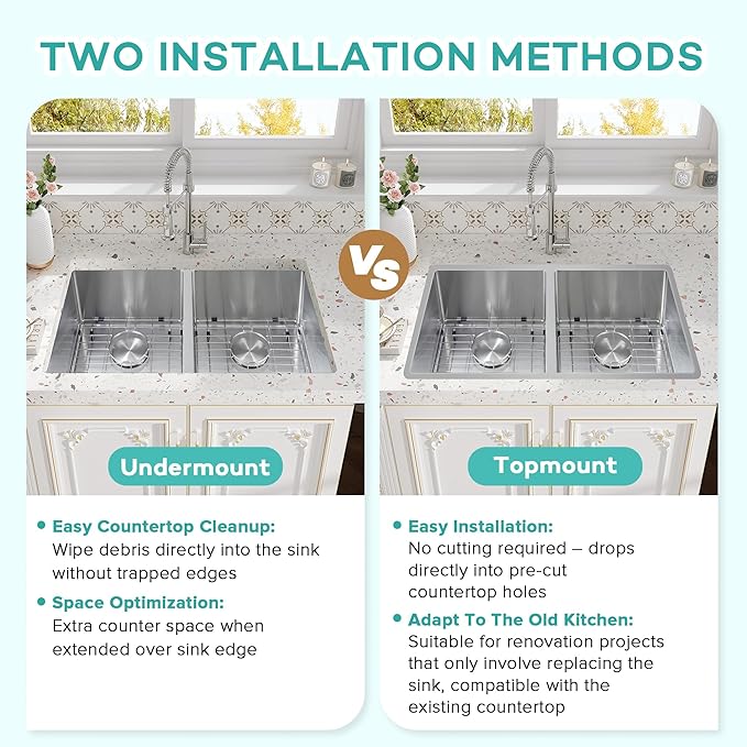 Rhbamoa 32 Inch Double Bowl Kitchen Sink Undermount,16-GaugeT304 Stainless Steel Kitchen Sink,50/50 Undermount Double Sinks with Accessories,Deep Sinks with Brushed Finish,Round Corner