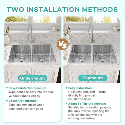 Rhbamoa 32 Inch Double Bowl Kitchen Sink Undermount,16-GaugeT304 Stainless Steel Kitchen Sink,50/50 Undermount Double Sinks with Accessories,Deep Sinks with Brushed Finish,Round Corner