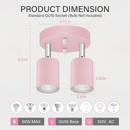 BoostArea LED 2 Light Track Lighting Kit, LED Track Lighting Fixtures, Pink Round Ceiling Spot Lighting, Flexibly Rotatable Light Head for Kitchen, Living Room, Bedroom, GU10 Bulb Not Included