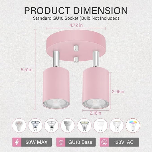 BoostArea LED 2 Light Track Lighting Kit, LED Track Lighting Fixtures, Pink Round Ceiling Spot Lighting, Flexibly Rotatable Light Head for Kitchen, Living Room, Bedroom, GU10 Bulb Not Included