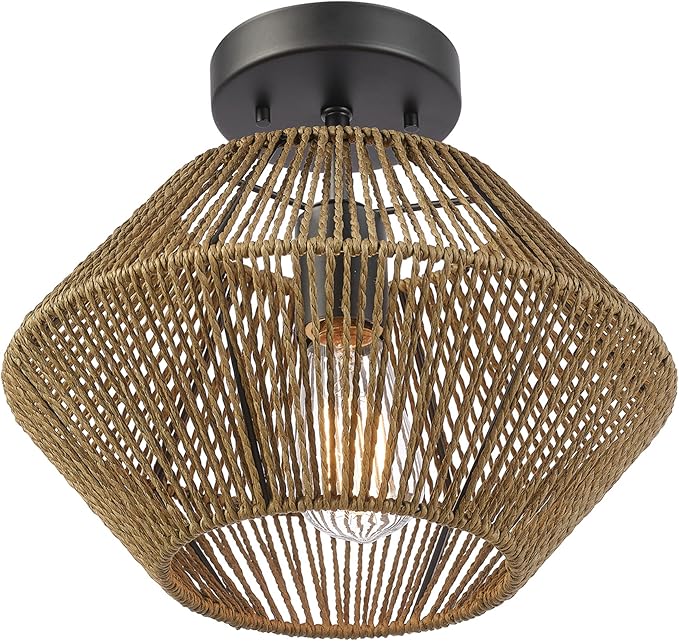 GLOBE Electric 65891 1-Light Flush Mount Ceiling Light, Matte Black, Natural Twine Shade