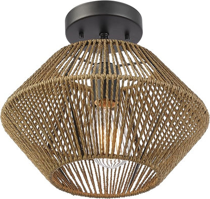 GLOBE Electric 65891 1-Light Flush Mount Ceiling Light, Matte Black, Natural Twine Shade