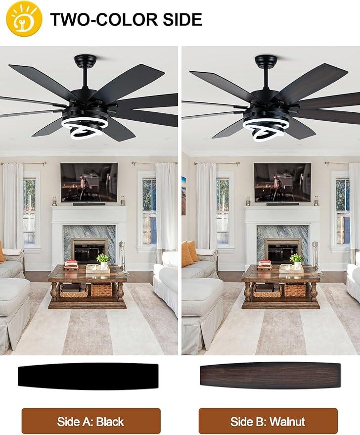 Black 72 Inch Ceiling Fans with Lights and Remote Reversible Quiet DC Motor 6 Speed LED Big Large Modern Chandelier Ceiling Fans for Living Room Bedroom